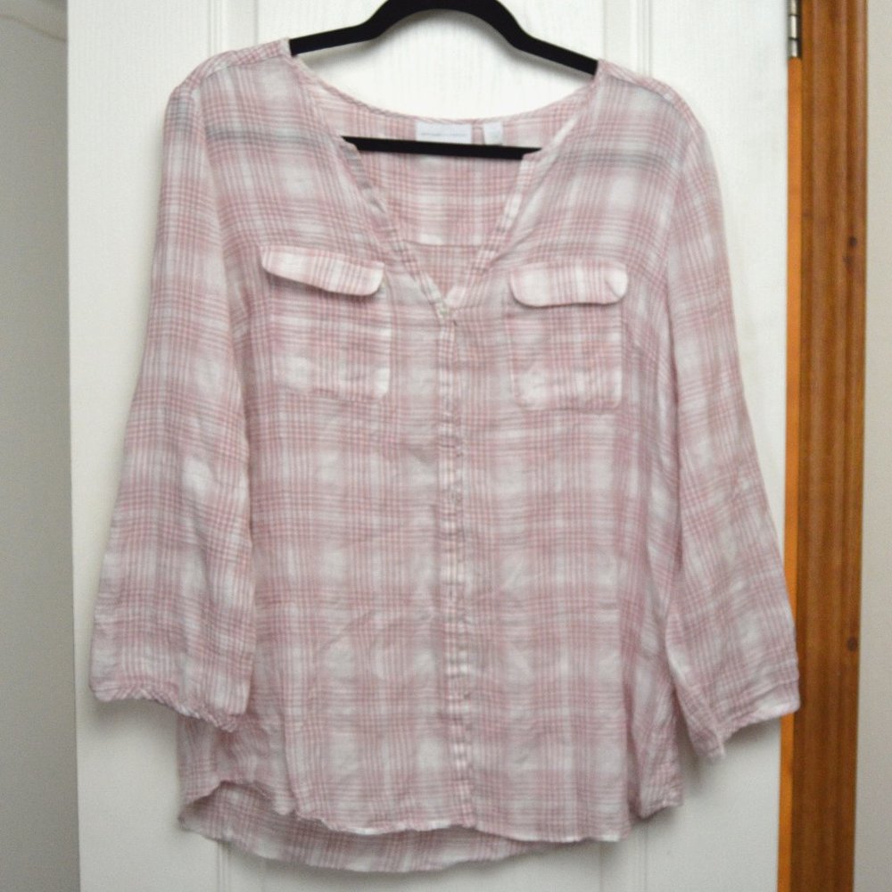 New York and Company, Soft Pink Plaid Top, Large